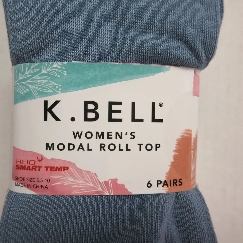 K BELL Womens Modal Roll Top Socks 6 pairs Solid Colors Blue White Pink Grey NWT